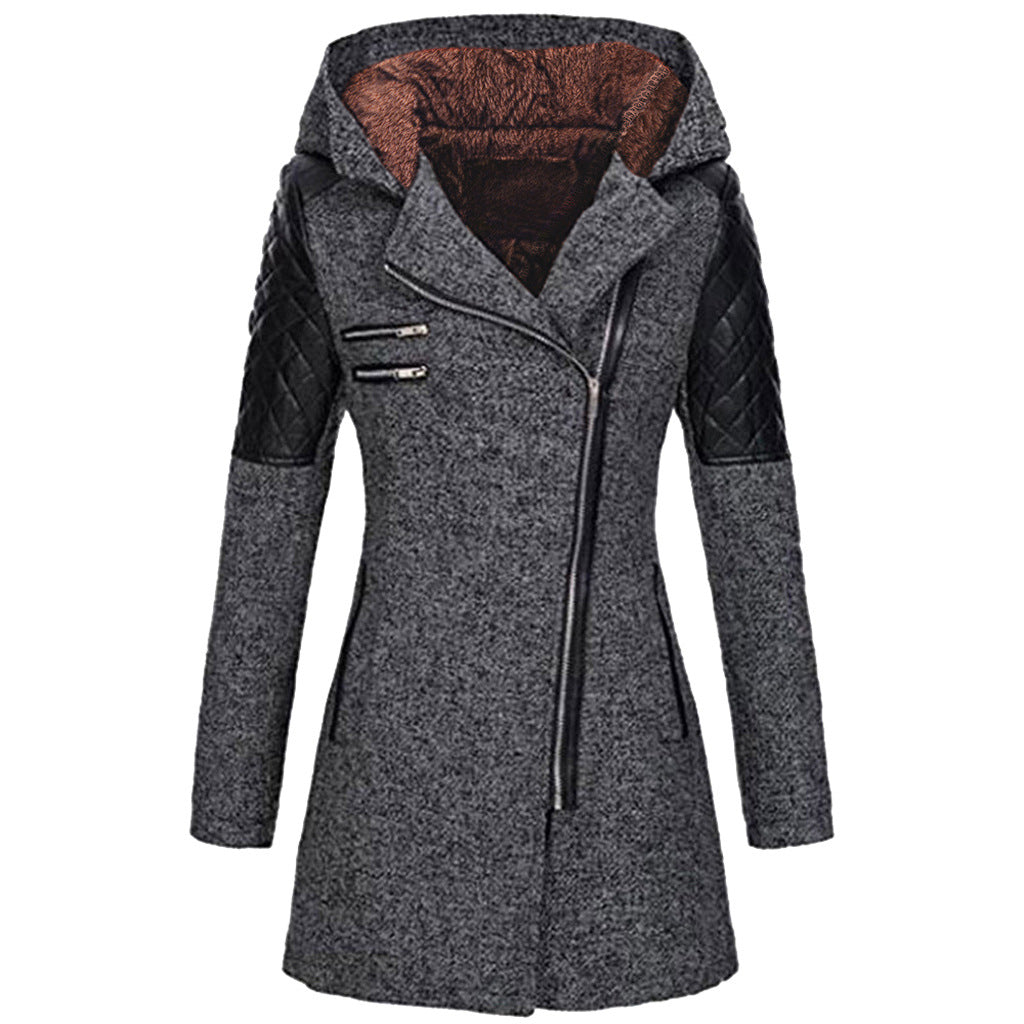 Women Warm Slim Full Zipper Coat Thick Woolen Coat Female Fall Winter Windbreaker Hooded Diagonal Zipper Women's Clothing