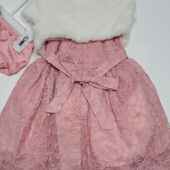 Pink Lace Dress with White Faux Fur