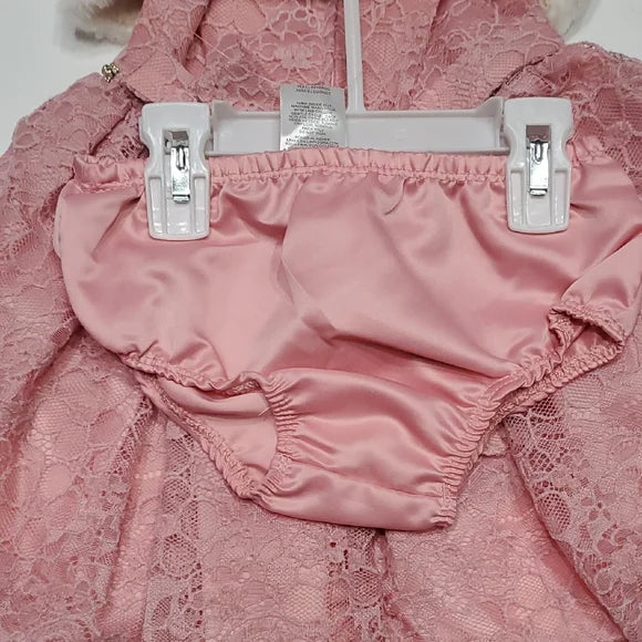 Pink Lace Dress with White Faux Fur
