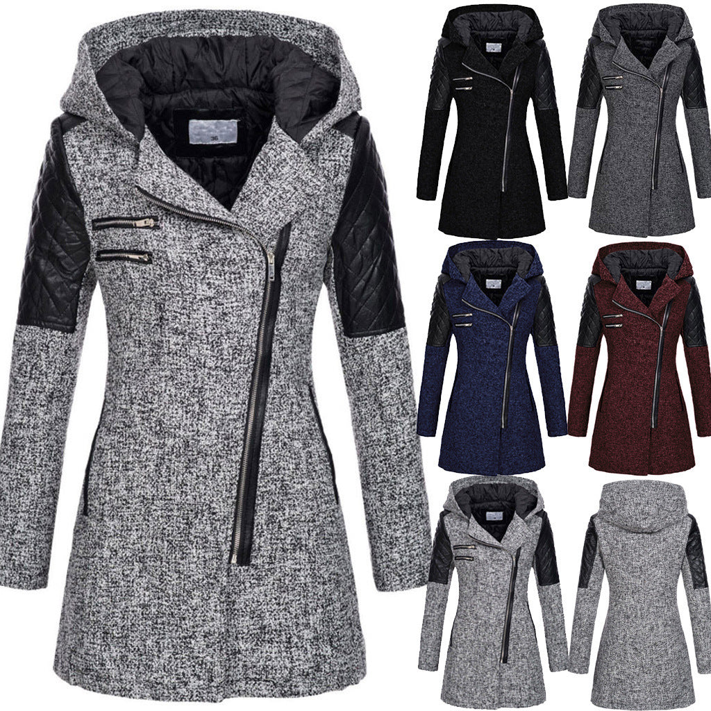 Women Warm Slim Full Zipper Coat Thick Woolen Coat Female Fall Winter Windbreaker Hooded Diagonal Zipper Women's Clothing
