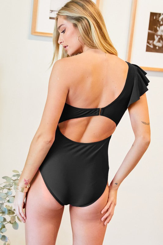 3. Solid One Shoulder One Piece Swimsuit