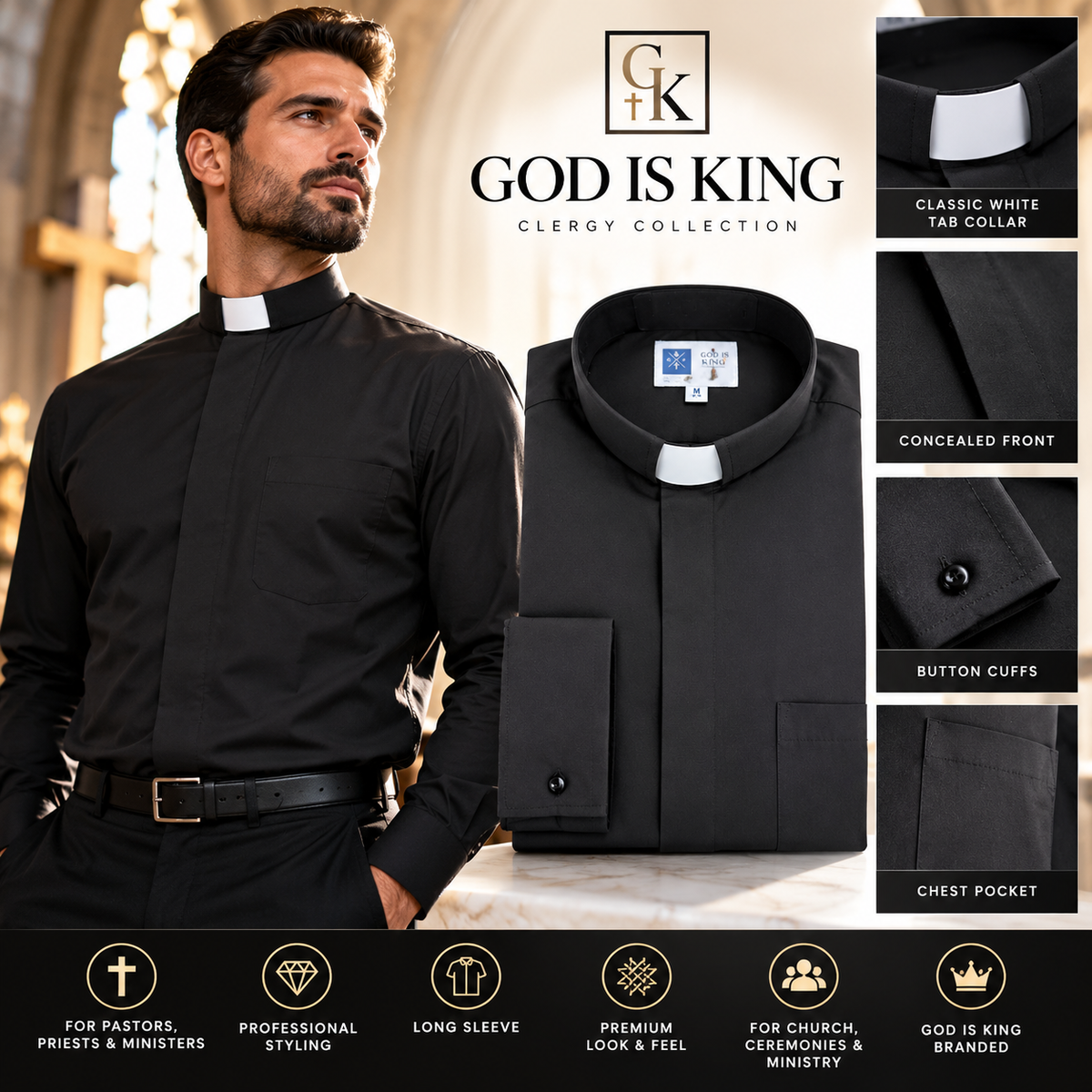 Men's Clergy Shirt with Tab Collar