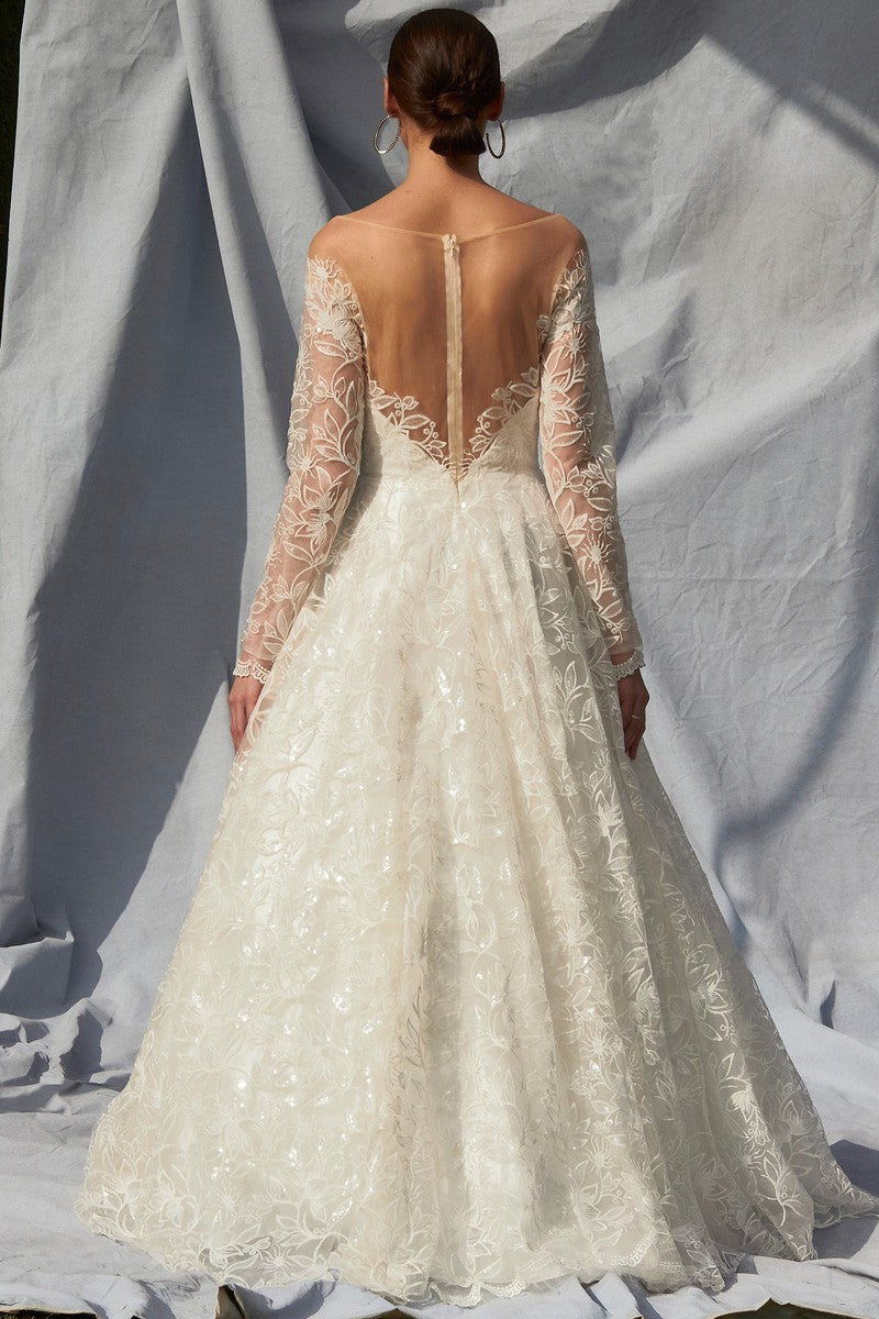 Long Sleeve Bateau Neck A Line Wedding Dress