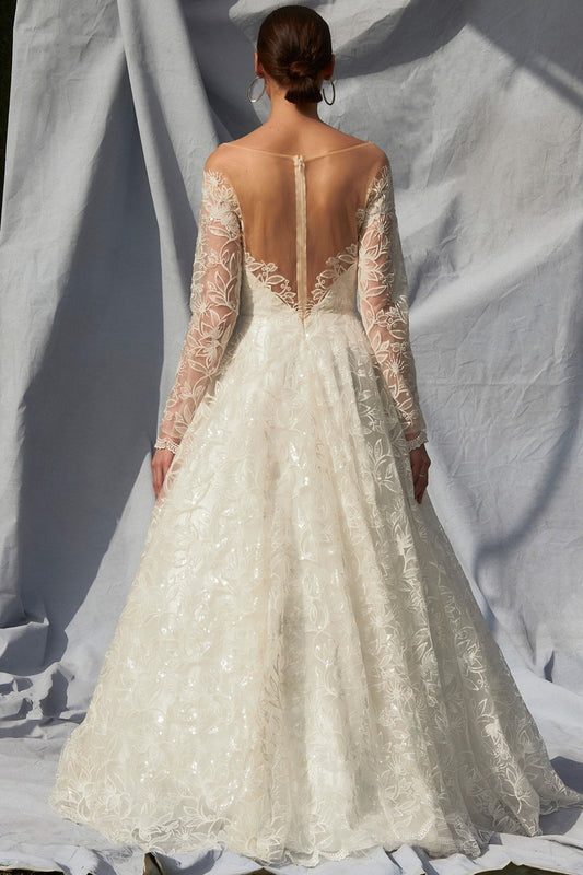 Long Sleeve Bateau Neck A Line Wedding Dress