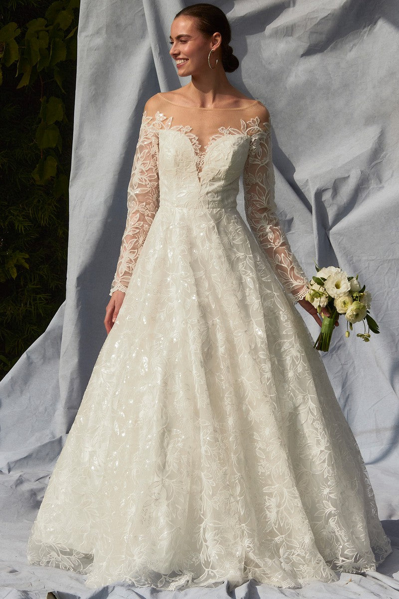 Long Sleeve Bateau Neck A Line Wedding Dress