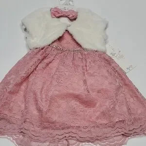 Pink Lace Dress with White Faux Fur